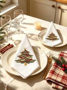 ABEST6522 Home&Living store 1pc/2pcs/4pcs Christmas Tree Embroidered Napkins, White Linen Look Fabric Napkins, Holiday Table Decor For Christmas Party & Family Dinner - Multicolor - View 5