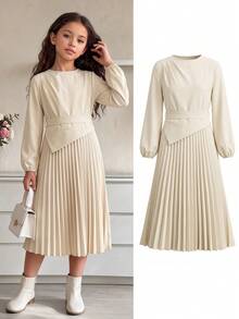 Gaun A-Line Berlipit Asimetris Warna Aprikot Musim Gugur untuk Remaja Perempuan, Cocok untuk Pakaian Sehari-hari, dan Gaya Pesta yang Elegan. - Khaki - View 1