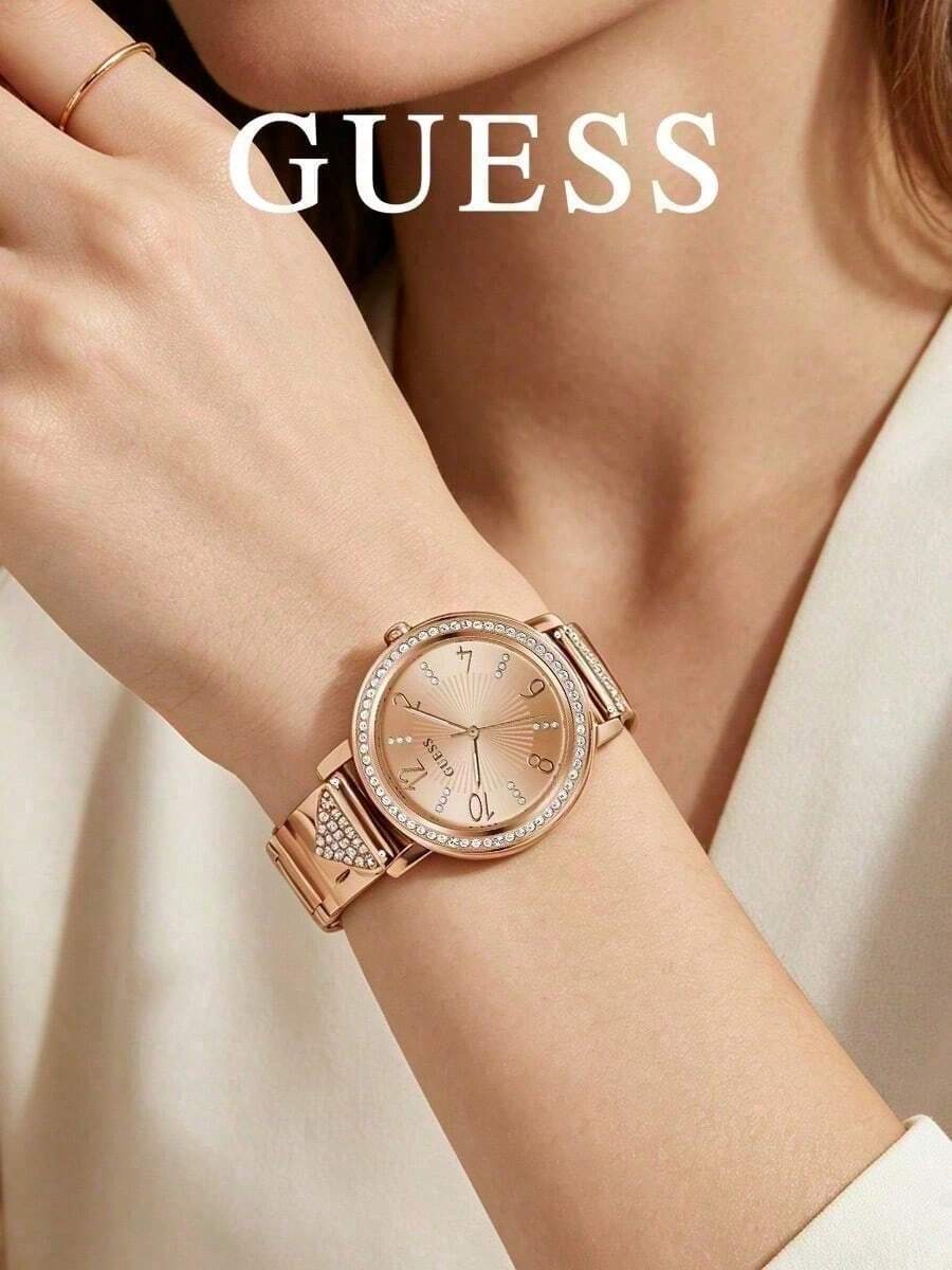 GUESS Tri Luxe Series Rose Gold Women's Watch, Rhinestone Bezel, Triangle Rhinestone Decor Steel Band, Radial Texture Dial, Minimalist Luxury Quartz Wristwatch For Women, Holiday Gift - Watch - View 1