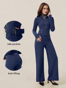 TimeOff Women's One Set Autumn/Winter Solid Color Stand Collar Zipper Pocket Cuff Thumb Hole Jacket And Straight Leg Pants Sports Suit - Navy Blue - View 11