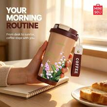 MINISO Water Cup, Coffee Cup, Simple And Elegant, 530ML Beautiful Oil Painting Tulip Pattern Coffee Cup With Straw, New Autumn Winter Insulated Model; Valentine's Day Gift. - Coffee Brown - View 7