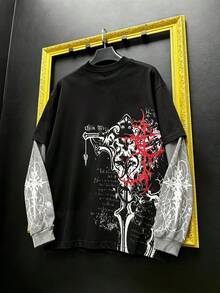 Lonblece Dark Gothic Style 2 In 1 Long Sleeve T-Shirt, Black & Grey Color Block Patchwork Portrait Thorn Cross Print Loose High Street Top - Black - View 2
