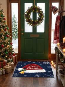 1pc Christmas Doormat - Velvet Material, With Christmas Hat And Snowflake Print, Suitable For Indoor Entrance Decoration, Perfect Choice For Holiday Home Welcome Mat And Seasonal Living Room Decor - A - View 2