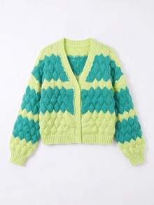 Just Masa Women's Autumn/Winter Casual Colorblock V-Neck Knit Cardigan, Loose Long Sleeve Ribbed Knit Jacket, Suitable For Daily Wear, Outings, Halloween, Travel - Green - View 3