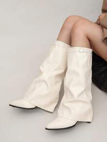 Women's Pointed Toe Kitten Heel Knee-High Boots, Beige Ruched Strap Elegant Tall Boots, Suitable For Office And Daily Wear - Beige - View 7