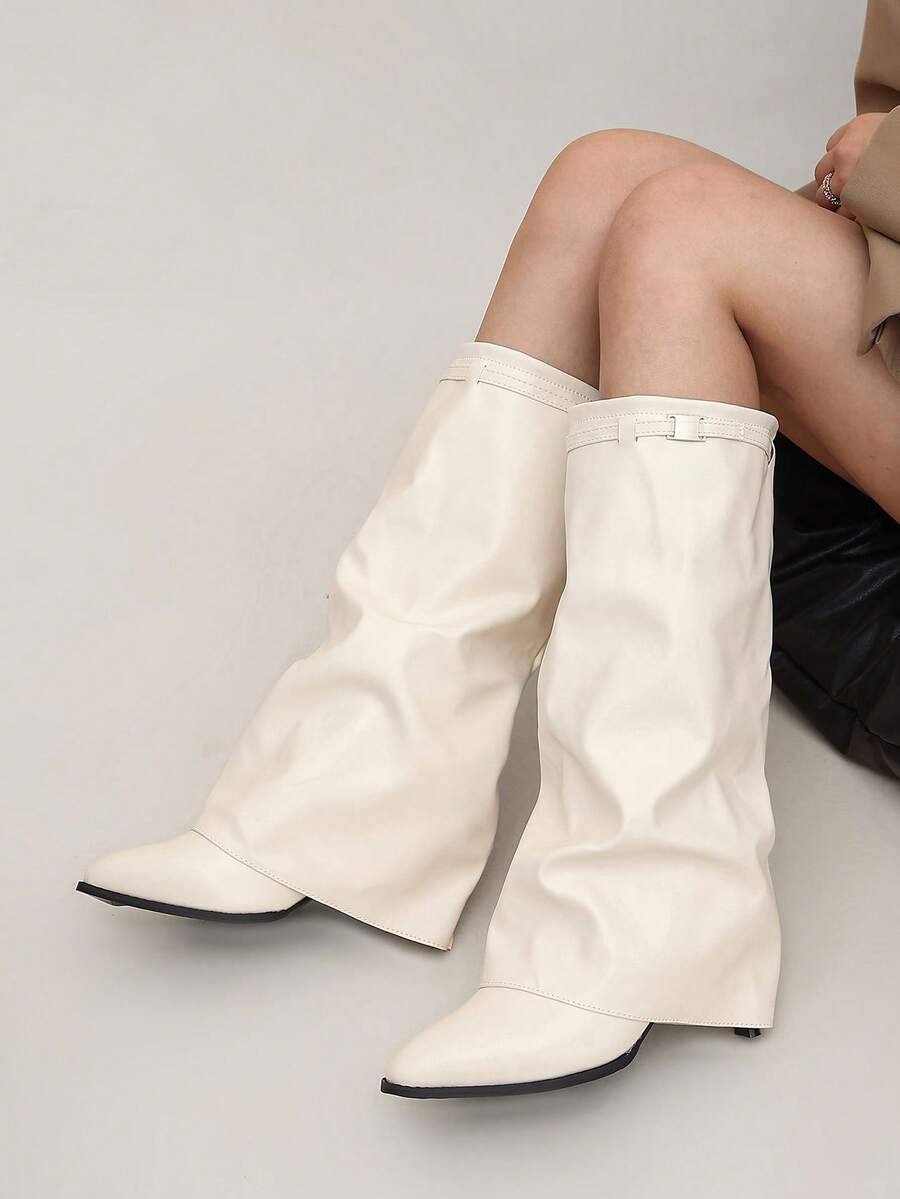 Women's Pointed Toe Kitten Heel Knee-High Boots, Beige Ruched Strap Elegant Tall Boots, Suitable For Office And Daily Wear - Beige - View 1