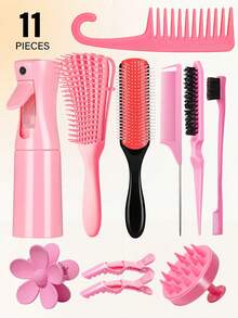 2/3/5/6/11pcs Comb Set, 9-Row Nylon Soft Cushion Styling Comb, Suitable For Volumizing, Edging And Backcombing, Curly Hair Comb Set, With Spray Bottle, For Detangling Hair, Scalp Massage Shampoo Comb, Premium Wide Tooth Comb, Flower Hair Clip, Hair Styling Comb Set (Pink, Purple, Black) - Pink - View 2