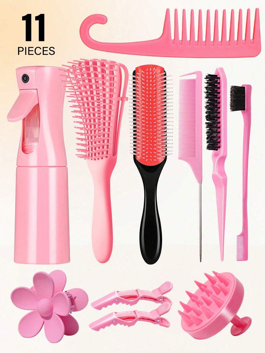 2/3/5/6/11pcs Comb Set, 9-Row Nylon Soft Cushion Styling Comb, Suitable For Volumizing, Edging And Backcombing, Curly Hair Comb Set, With Spray Bottle, For Detangling Hair, Scalp Massage Shampoo Comb, Premium Wide Tooth Comb, Flower Hair Clip, Hair Styling Comb Set (Pink, Purple, Black)