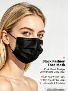 10/25/50pcs Cute Pink Heart Print Face Masks - Elastic Breathable Design, Individually Packaged, Unisex For Women And Men, Washable, Fashionable Daily Accessory, Fun Style, Comfortable To Wear, Suitable For Everyday Use - A - View 1
