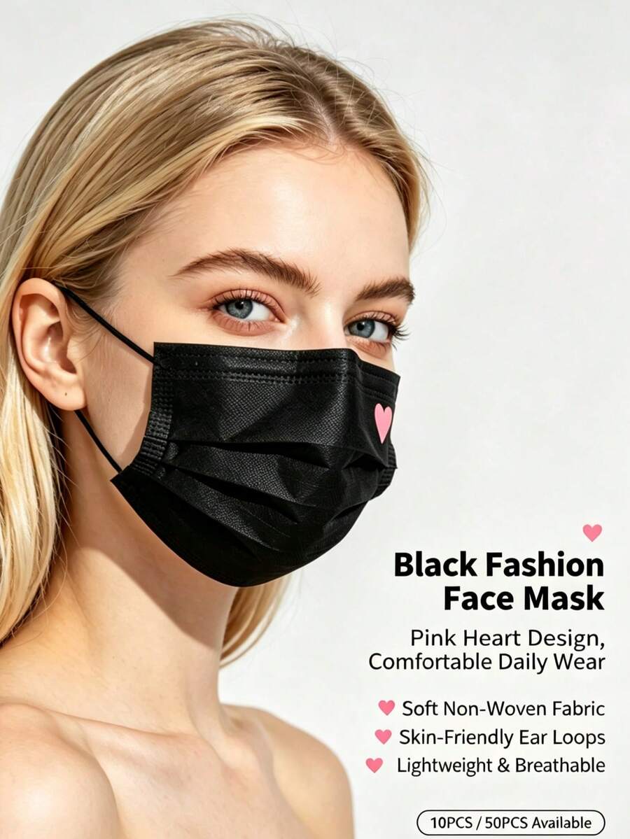 10/25/50pcs Cute Pink Heart Print Face Masks - Elastic Breathable Design, Individually Packaged, Unisex For Women And Men, Washable, Fashionable Daily Accessory, Fun Style, Comfortable To Wear, Suitable For Everyday Use - A - View 1