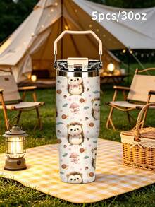 1pc/5pcs 30oz Cute Hedgehog Tumbler. Stainless Steel With Handle, Straw & Leak-Proof Flip Lid. Sweet Hedgehog, Snail And Mushroom Print. Perfect Birthday Gift, Suitable For Travel, Work, Fitness & Daily Outdoor Use. - Beige-hedgehog - View 9