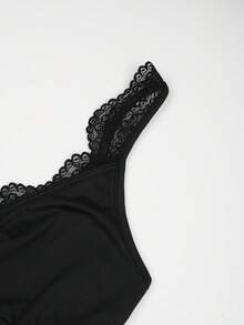 Women Black Lace Trim Bodysuit Spaghetti Strap V Neck Ruched Detail Slim Fit For Date Night Party And Going Out - Black - View 4