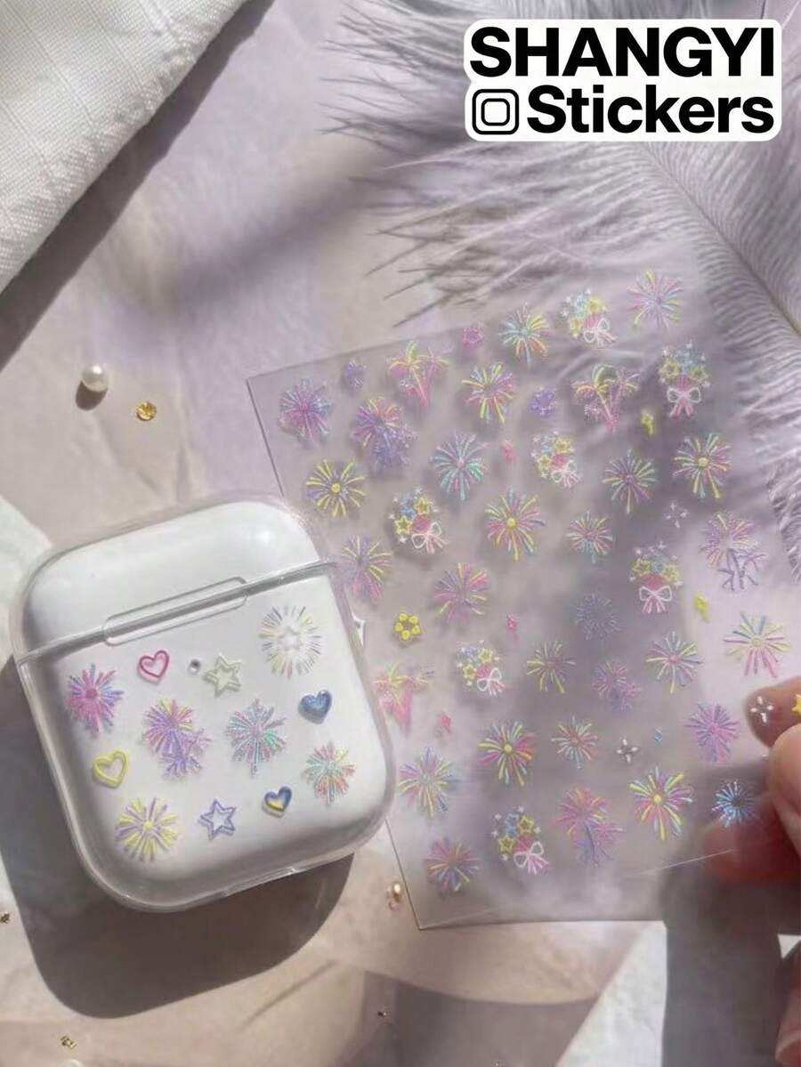 2 Styles Colorful Fireworks Star Heart Decorative Stickers, Laser Glitter Pattern, Suitable For Phone Case Earphone Camera Nail Art, Romantic Creative Multi-Purpose Decorative Small Stickers - Decorative Stickers - View 1