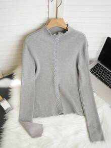 Women's Autumn/Winter Long Sleeve High Neck Button-Up Grey Casual Minimalist Cardigan - Grey - View 5