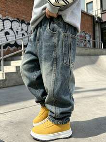 Boys' Loose Fit Denim Jeans, Suitable For Everyday, School, Outdoor & Casual Wear, Autumn - Blue - View 7
