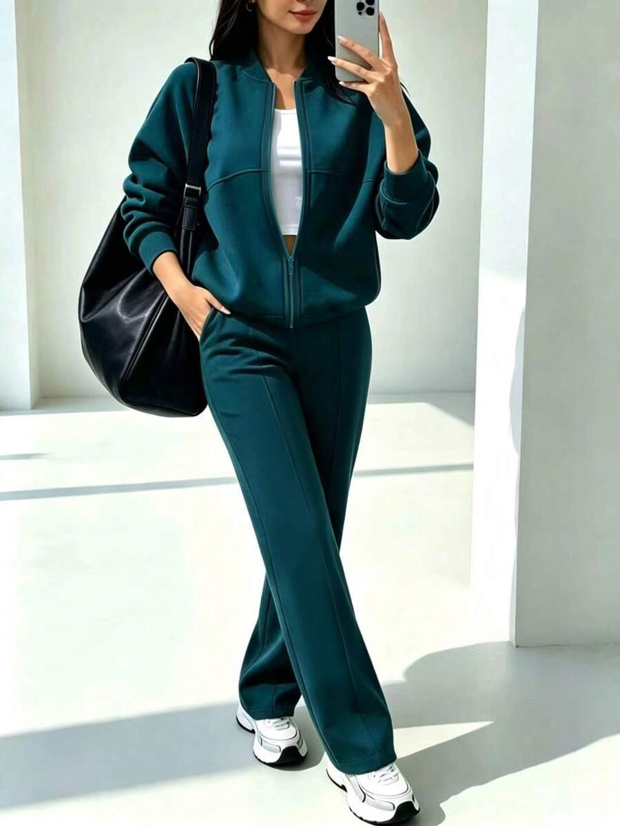 2pcs Casual Solid Color Sweatshirt Jacket Top And Straight Leg Pants Set, Soft Fleece Fabric, Suitable For Spring, Autumn And Winter Elegant Summer - Dark Green - View 1