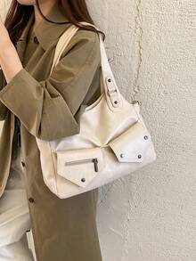 Tote Bag With Multiple Pockets, Rivet And Metal Zipper Decoration, Partitioned Storage Large Capacity, Main Compartment Open + Front Pocket Zipper Closure, Casual Retro Cargo Style Style Tote Bag, Suitable For Daily Commute, Campus Travel, Girls Who Like Simple Cargo Style Outfits - White - View 2