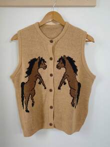 VEXHEIMA Women's Western Style Fashion Versatile Animal Print Color Block Horse Pattern Button Front Round Neck Sleeveless Knit Cardigan Vest - Multicolor - View 8