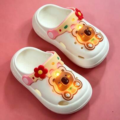 Toddler Children LED Glowing Bear Design Clogs, Cute Cartoon Flower Light-Up Slip-On Sandals, Non-Slip EVA Clogs, Unisex Indoor/Outdoor