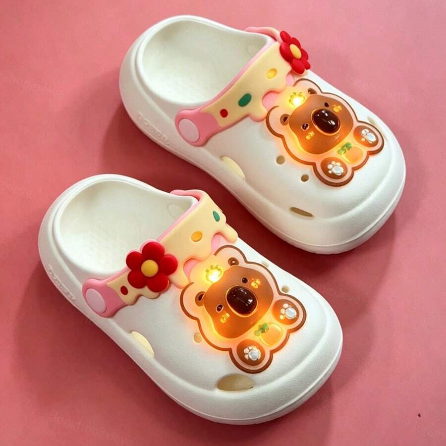 Toddler Children LED Glowing Bear Design Clogs, Cute Cartoon Flower Light-Up Slip-On Sandals, Non-Slip EVA Clogs, Unisex Indoor/Outdoor - White - View 1