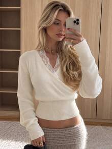 Apperloth A Women's Elegant Ribbed Knit Sweater V Neck Splicing Lace Long Sleeve Pullover Tight Hem Fitted Crop Coverup Top Fall Fashion Daily Thanksgiving Outfit - Apricot - View 4