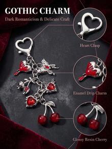 Y2K Dark Sweet Keychain, Silver Alloy Bag Charm With Drip Heart, Cherry & Dragon Pendant, Heart Clasp Backpack Ornament, Daily Accessory - Multicolor - View 5