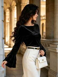 DONICY Women Elegant Velvet Boat Neck Top Double Layer Ruffle Flare Sleeve Loose Fall Blouse - Black - View 5