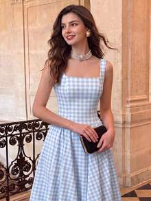 Dirp Noir Women's Autumn Elegant Plaid Square Neck Wide Strap Ruched Mid-Length Dress, National Day, Graduation, Back To School, Party - Lake Blue - View 3