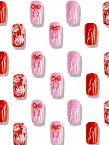 24pcs Square Press On Fake Nails Red And Pink Medium Long Nail Bow Print Nails Christmas Nails - Multicolor - View 2