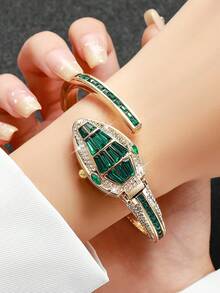 Women's Fashion Personalized Snake-Shaped Open Cuff Bracelet Watch, Exquisite Alloy Rhinestone Niche Luxury Quartz Wristwatch, Gift For Girlfriend (1pc/Set) Watch Box Not Included - Gold - View 2