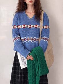 Women's Vintage Blue Jacquard Knit Pullover, Long Sleeve Regular Fit V-Neck Sweater, Winter Bohemian Style Essential - Blue - View 3