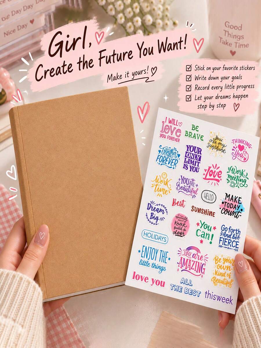 1/2/4PCS Girls' Notebook With Inspirational Stickers, Thick Paper Diary With Waterproof Positive Quote Stickers, DIY Aesthetic Notebook, Suitable For Writing, Recording, Planning And Scrapbooking, Student, College, Office Supplies And Gift Choice
