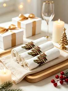 1pc/2pcs/4pcs Christmas Tree Embroidered Fabric Napkins, White Reusable Table Napkins, Holiday Table Decoration For Christmas Dinner, Thanksgiving & Winter Party - Multicolor - View 7