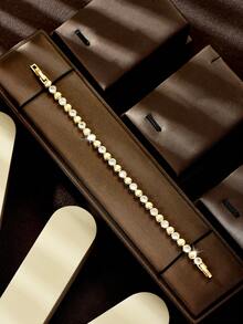 1pc Soft Elegant Continuous Round Zirconia Tennis Bracelet, Glossy Gold Plated Wrist Accessory For Date, Evening Party And Formal Occasions - Gold - View 3
