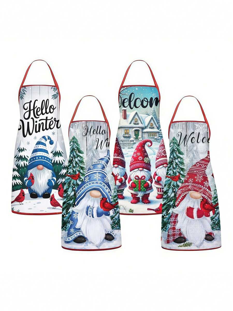 1pc/2pcs/4pcs Winter Gnome Print Kitchen Apron, Sleeveless Polyester Anti-Stain Apron, Hello Winter Welcome Sign, Cute Gnome & Cardinal Bird Snowy Forest Pattern, For Cooking Baking BBQ, Christmas Winter Holiday Party Decor, Unisex Kitchen Gift - Multicolor - View 1