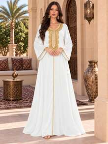 Women's Elegant Loose V-Neck Long Sleeve Beaded Ribbon Dress - White - View 4