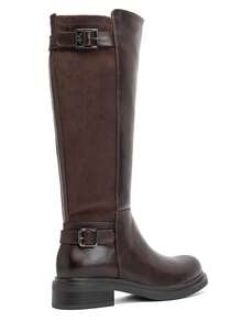 Round Toe Knee High Riding Boots For Women Double Buckle Side Zip Comfortable Low Block Heel Long Boots - Brown - View 5