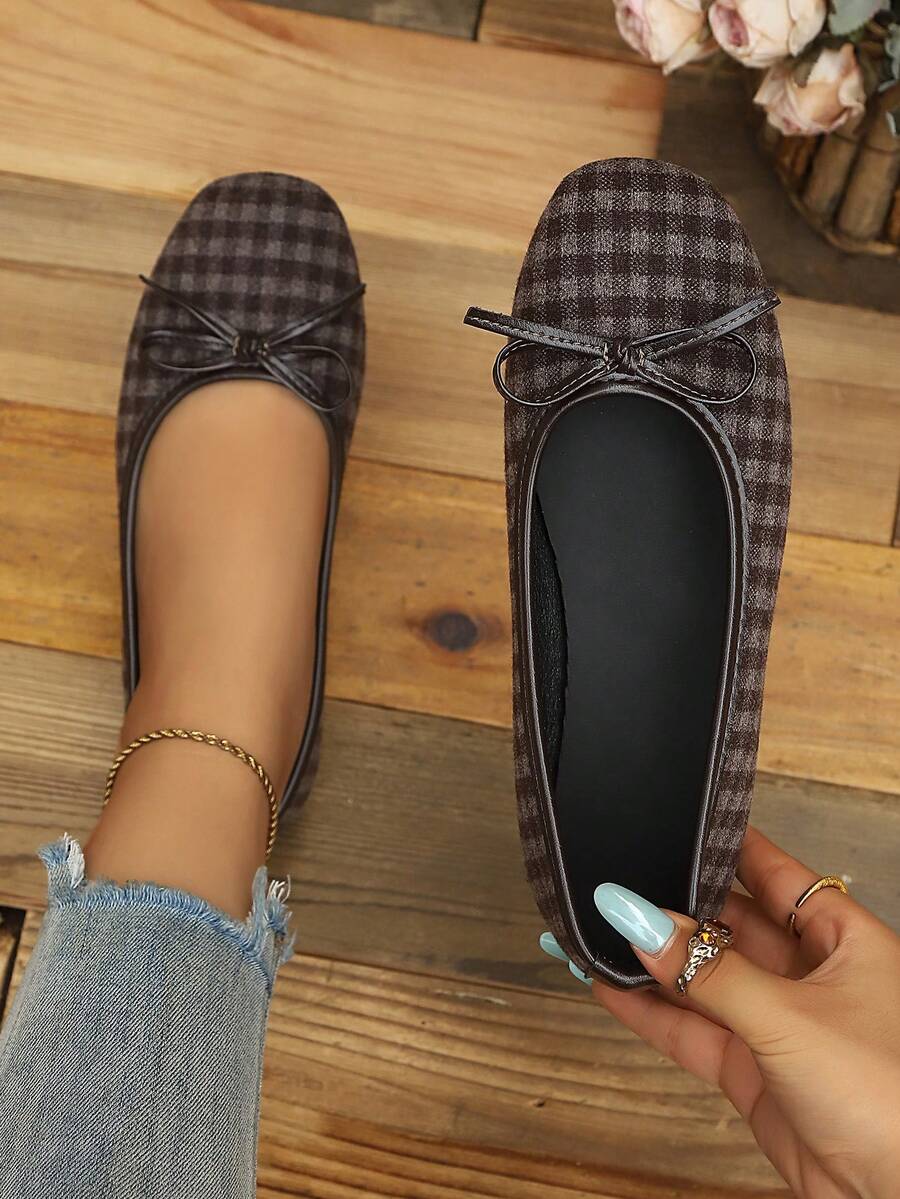 1 Pair Women's Multi-Color Square Toe Flat Slip-On Shoes With Cute Bow Decor, Comfortable Low Vamp Loafers For Office, Commute, Date And Daily Wear - Brown - View 1