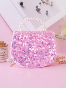 1pc Mini Kids Shiny Sequin Crown Mesh Bow Decor Flap Casual Handbag Chain Crossbody Bag Coin Purse For Girls, Suitable For Daily Outings And Holiday Use - Pink - View 5