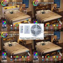 Full/Queen/King Size Luxury Wood Platform Bed, Contemporary Bedroom Furniture With Functional Bookcase Storage, Ambient LED Lighting And Elegant Farmhouse Design For Modern Homes, Black, Barnwood, Grey, White - 查看 9