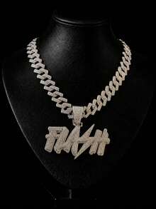 European & American Hip Hop FLASH Letter Pendant Cuban Chain Men's Necklace, Full Rhinestone Shiny Personalized Street Style Rap Party Collarbone Chain Fashion Jewelry - FLASH - View 2