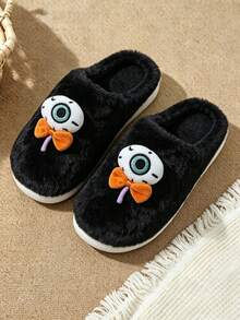 Women Halloween Cute 3D Eye & Bow Decor Fluffy Plush Slippers, Soft Warm Non‑Slip Flat Indoor Home Shoes,Slip-On Design, Quick To Put On And Take Off - Black - View 4