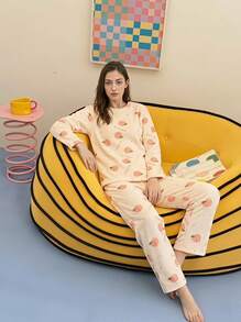 Joivida 2pcs Winter Coral Fleece Top & Pants Fluffy Pajama Set, Warm Sleepwear Set, Fresh Fruit Print Lounge Set, Two Pieces Set, Fall Winter Clothes, Cozy - Multicolor - View 6
