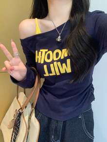 Korean Style Autumn Asymmetrical Shoulder Cinched Waist Long Sleeve T-Shirt Layered Top For Women - Navy Blue - View 10