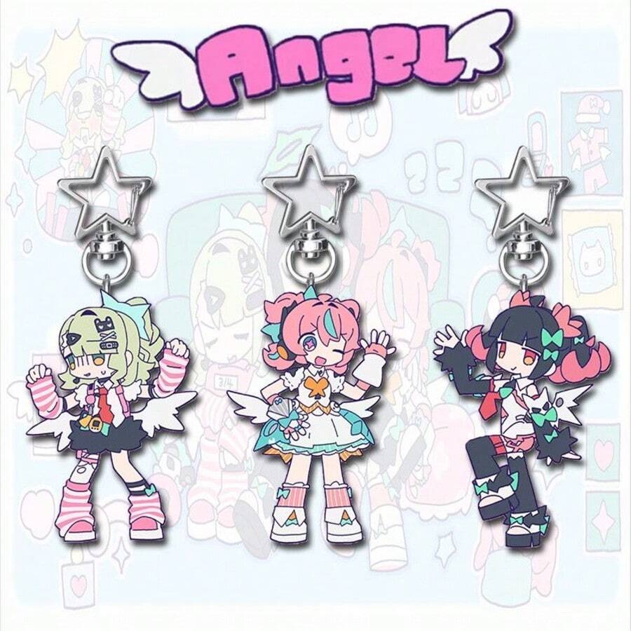 2D Flat 3-Piece Set Urban Action RPG Game Angel Character Acrylic Keychain! Cute Kawaii Design With Star Pendant And Pearl. Perfect Anime Fan Gift, - Multicolor - View 1