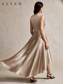 ALIAO Elegant Pearl Collar Dress Pearl Detail Date Vacation Wedding Guest Midi Dress All Season Night Out - Apricot - View 7