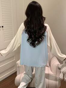 2pcs/Set Women's Spring Autumn Pajamas Casual Cartoon Sweat-Absorbent Breathable Round Neck Long Sleeve Long Pants Cartoon Spring Autumn Winter Home Wear Fall Clothes For Women - Sky Blue - View 2