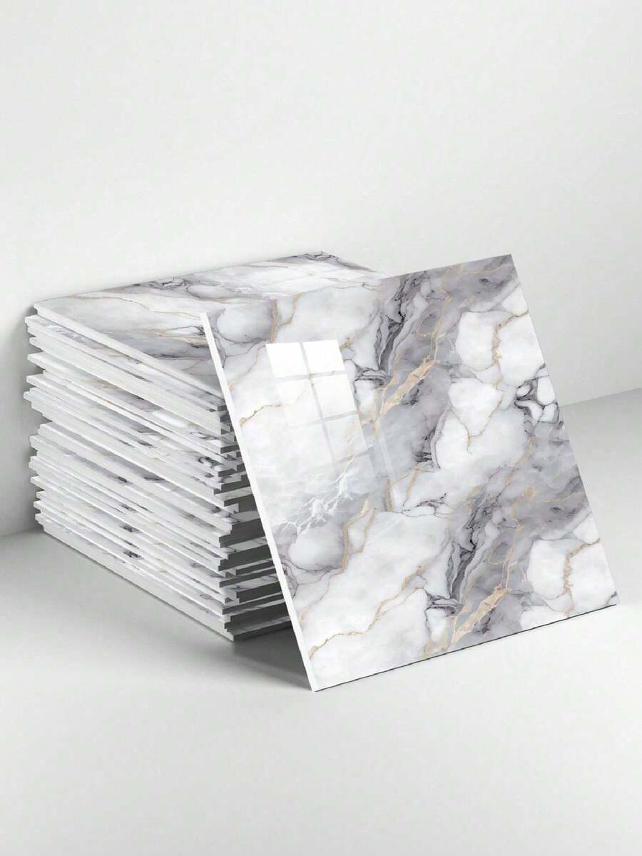 10PCS 30*30CM/11.8*11.8in 0.9㎡ 3D Marble Pattern Aluminum Plastic Board Self-Adhesive Wall Sticker, Faux Tile Wall Decor, Waterproof And Moisture-Proof Marble Sticker For Kitchen Stove Backsplash - Multicolor - View 1
