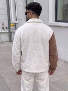 Men's Maillard Style Colorblock Plush Jacket, Two-Tone Single-Breasted Double Pocket Long Sleeve Shirt-Style Outerwear - Multicolor - View 3
