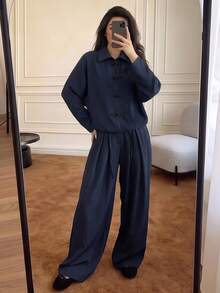 Women's Autumn Navy Blue Frog Button Zipper Batwing Sleeve Jacket + Wide Leg Pants 2pcs Set, Loose Minimalist New Chinese Style Outfit For Casual Daily Wear - Navy Blue - View 4
